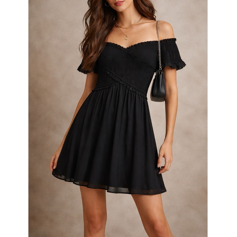 ANGIE Black Smocked Off Shoulder Dress Ruffle Flutter Sleeve Mini Soft Goth Y2K
